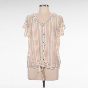 Rachel Zoe | Apricot Taupe White Striped V-Neck Button Knot Front Linen Shirt